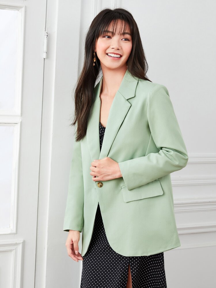 SHEIN Privé Lapel Neck Single Button Blazer - Mint Green - View 3