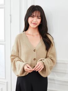 SHEIN EZwear 灯笼袖前扣罗纹针织开衫，长袖上衣 - 卡其色 - 查看 3