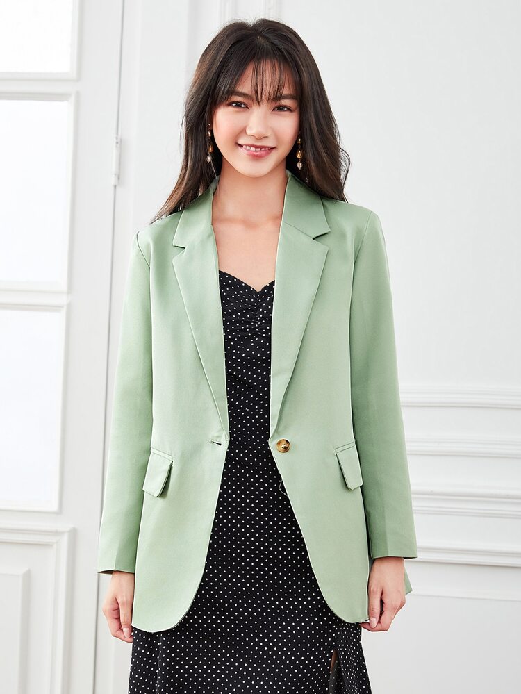 SHEIN Privé Lapel Neck Single Button Blazer - Mint Green - View 4