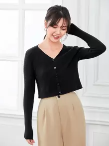 SHEIN EZwear Button Front Rib-Knit Crop Cardigan,Long Sleeve Tops,Tops For School - Black - View 3