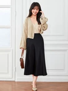 SHEIN EZwear 灯笼袖前扣罗纹针织开衫，长袖上衣 - 卡其色 - 查看 4