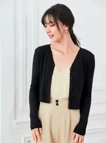 SHEIN EZwear Button Front Rib-Knit Crop Cardigan,Long Sleeve Tops,Tops For School - Black - View 4