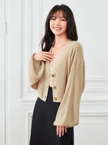 SHEIN EZwear 灯笼袖前扣罗纹针织开衫，长袖上衣 - 卡其色 - 查看 5