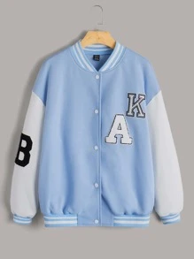 SHEIN EZwear Letter Patched Drop Shoulder Two Tone Varsity Jacket - Baby Blue - View 1