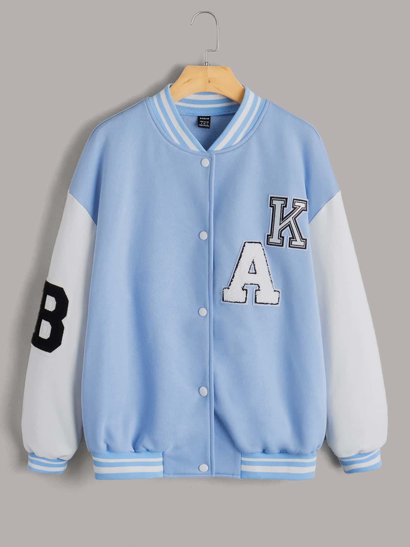 SHEIN EZwear Letter Patched Drop Shoulder Two Tone Varsity Jacket - Baby Blue - View 1
