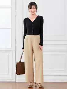 SHEIN EZwear Button Front Rib-Knit Crop Cardigan,Long Sleeve Tops,Tops For School - Black - View 5