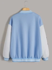SHEIN EZwear Letter Patched Drop Shoulder Two Tone Varsity Jacket - Baby Blue - View 2