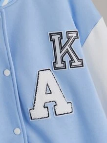 SHEIN EZwear Letter Patched Drop Shoulder Two Tone Varsity Jacket - Baby Blue - View 3