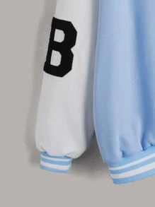SHEIN EZwear Letter Patched Drop Shoulder Two Tone Varsity Jacket - Baby Blue - View 4