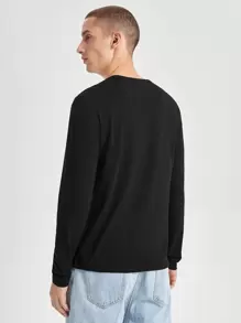 SWAVVY Men T-Shirts Crew Neck Long Sleeve Plain Casual Dark Summer Polyester Tee, Fall - Black - View 2