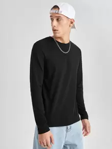 SWAVVY Men T-Shirts Crew Neck Long Sleeve Plain Casual Dark Summer Polyester Tee, Fall - Black - View 4