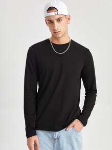 SWAVVY Men T-Shirts Crew Neck Long Sleeve Plain Casual Dark Summer Polyester Tee, Fall - Black - View 5