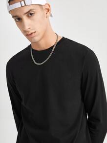 SWAVVY Men T-Shirts Crew Neck Long Sleeve Plain Casual Dark Summer Polyester Tee, Fall - Black - View 6