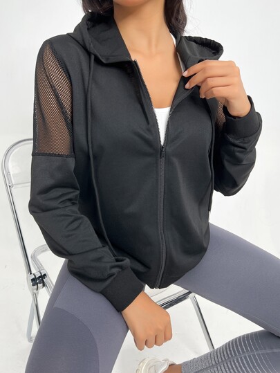 Easithlete Contrast Mesh Drawstring Hooded Sports Jacket