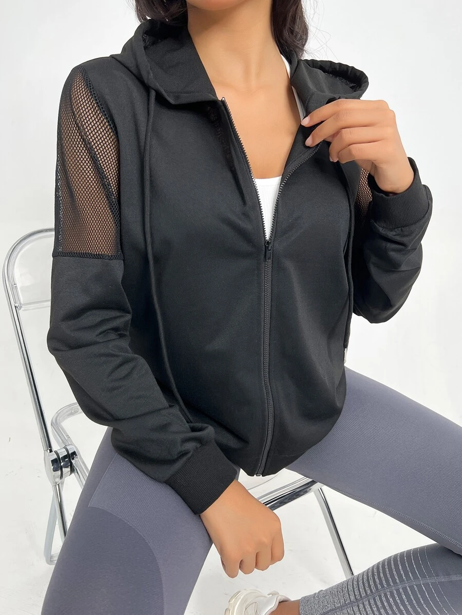Easithlete Contrast Mesh Drawstring Hooded Sports Jacket - Black - View 1