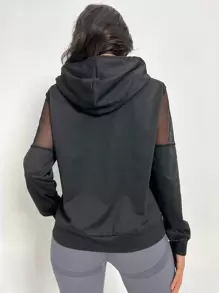 Easithlete Contrast Mesh Drawstring Hooded Sports Jacket - Black - View 2