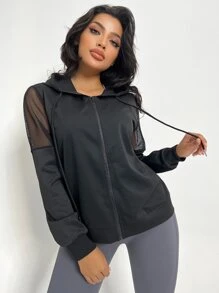 Easithlete Contrast Mesh Drawstring Hooded Sports Jacket - Black - View 3