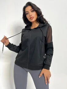 Easithlete Contrast Mesh Drawstring Hooded Sports Jacket - Black - View 4