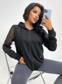 Easithlete Contrast Mesh Drawstring Hooded Sports Jacket - Black - View 5