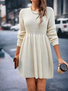 SHEIN LUNE Solid Ribbed Knit Jumper Dress - Beige - View 3