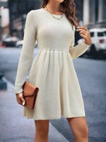 SHEIN LUNE Solid Ribbed Knit Jumper Dress - Beige - View 4