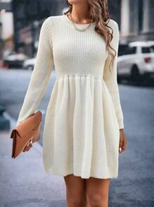 SHEIN LUNE Solid Ribbed Knit Jumper Dress - Beige - View 6