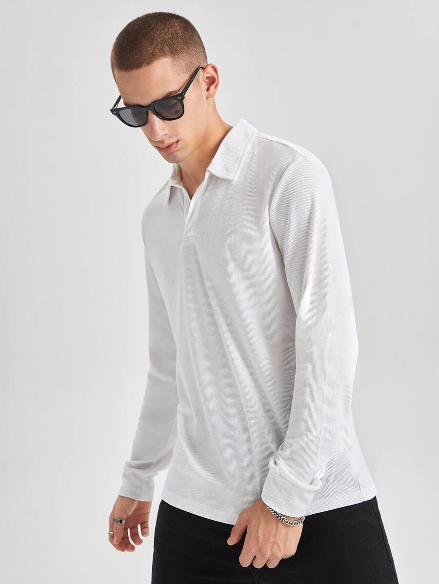 Manfinity Hombres Camisa polo unicolor tejido de canalé - Blanco - Ver 1