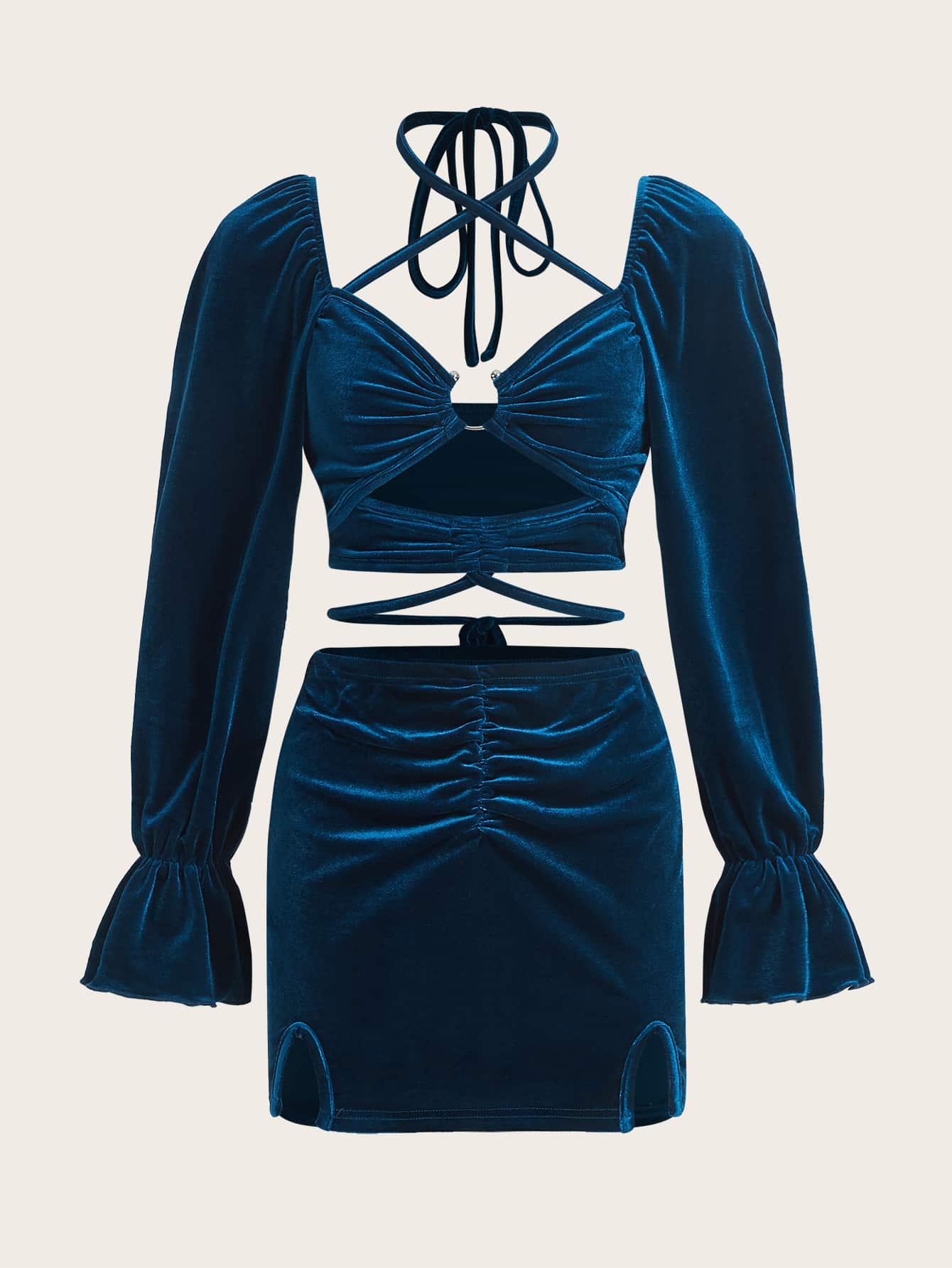 環鏈後綁帶荷葉袖短款絲絨上衣和開衩短裙