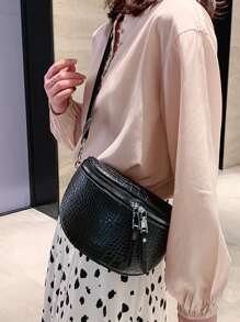 Crocodile Embossed Saddle Bag - Black - View 5