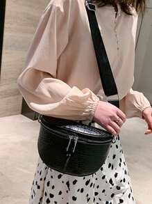 Crocodile Embossed Saddle Bag - Black - View 6