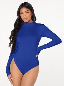 SHEIN BAE Solid High Neck Bodysuit - Royal Blue - View 2