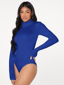SHEIN BAE Solid High Neck Bodysuit - Royal Blue - View 7