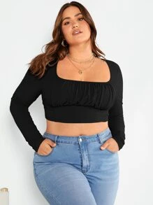SHEIN Essnce Áo thun Plus size Gân đan Nếp gấp Phần Ngực màu trơn Giải trí - màu đen - Xem 1