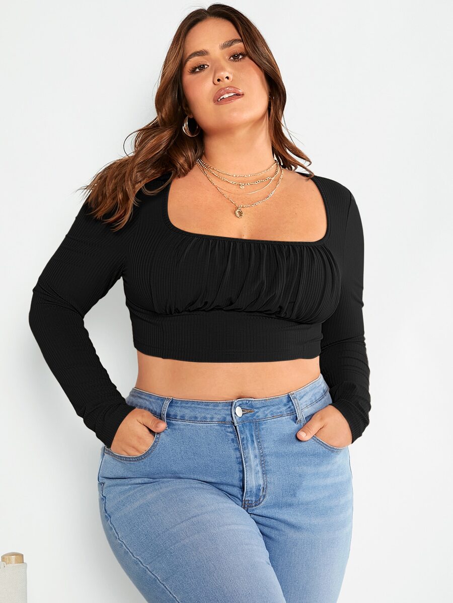 SHEIN Essnce Áo thun Plus size Gân đan Nếp gấp Phần Ngực màu trơn Giải trí - màu đen - Xem 1