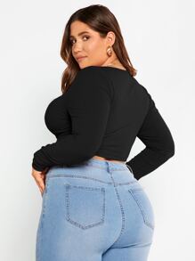 SHEIN Essnce Áo thun Plus size Gân đan Nếp gấp Phần Ngực màu trơn Giải trí - màu đen - Xem 2