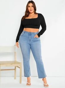 SHEIN Essnce Áo thun Plus size Gân đan Nếp gấp Phần Ngực màu trơn Giải trí - màu đen - Xem 3