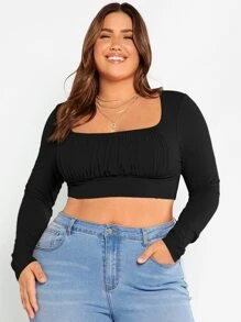 SHEIN Essnce Áo thun Plus size Gân đan Nếp gấp Phần Ngực màu trơn Giải trí - màu đen - Xem 4