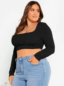 SHEIN Essnce Áo thun Plus size Gân đan Nếp gấp Phần Ngực màu trơn Giải trí - màu đen - Xem 5