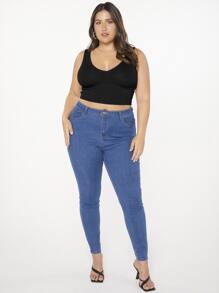 SHEIN Essnce 大碼羅紋針織短款背心 - 黑色 - 查看 5