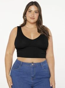 SHEIN Essnce 大碼羅紋針織短款背心 - 黑色 - 查看 6