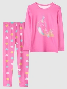Girls Cartoon & Heart Print Snug Fit PJ Set - Pink - View 1