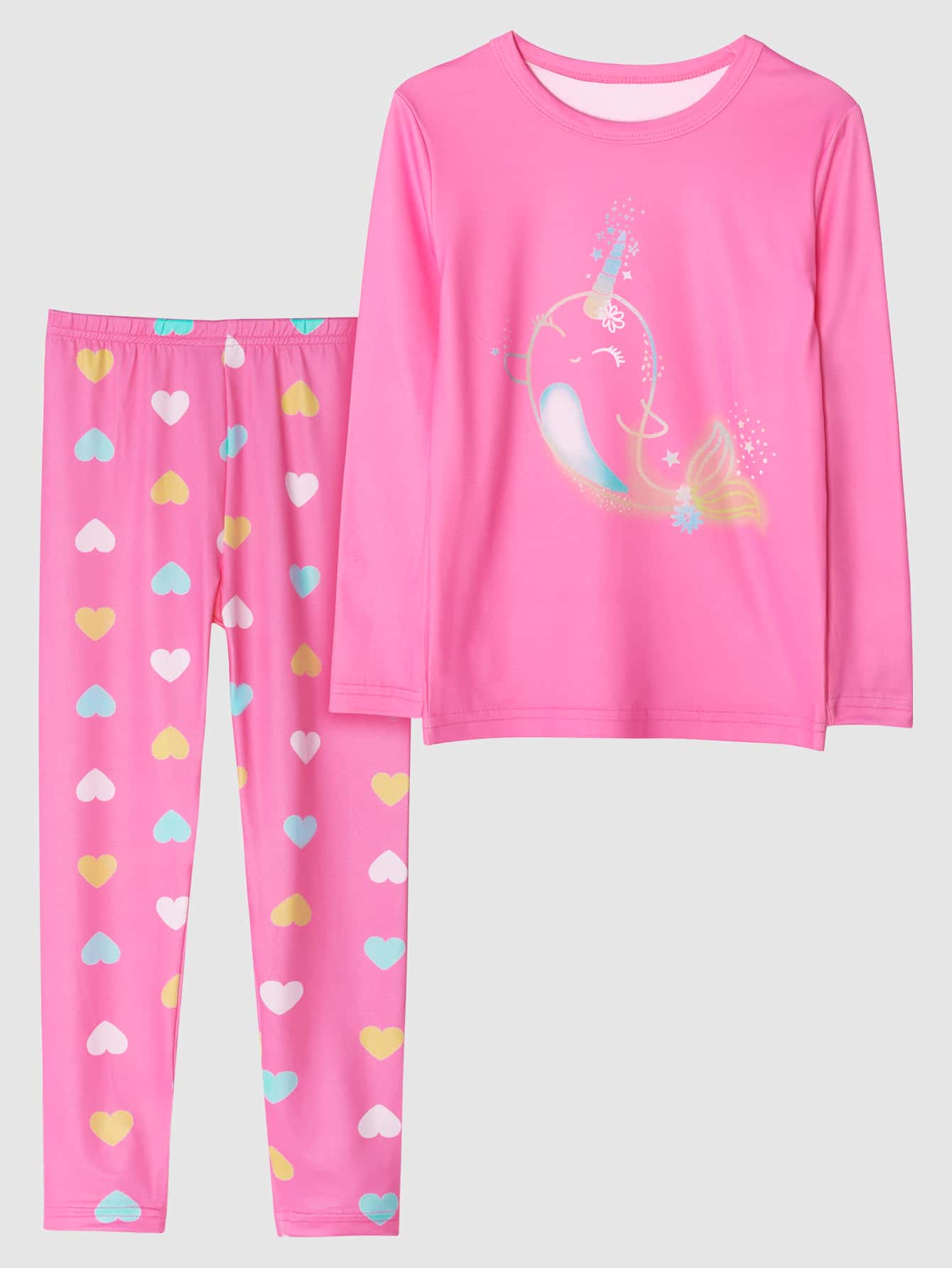 Girls Cartoon & Heart Print Snug Fit PJ Set - Pink - View 1