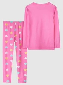 Girls Cartoon & Heart Print Snug Fit PJ Set - Pink - View 2