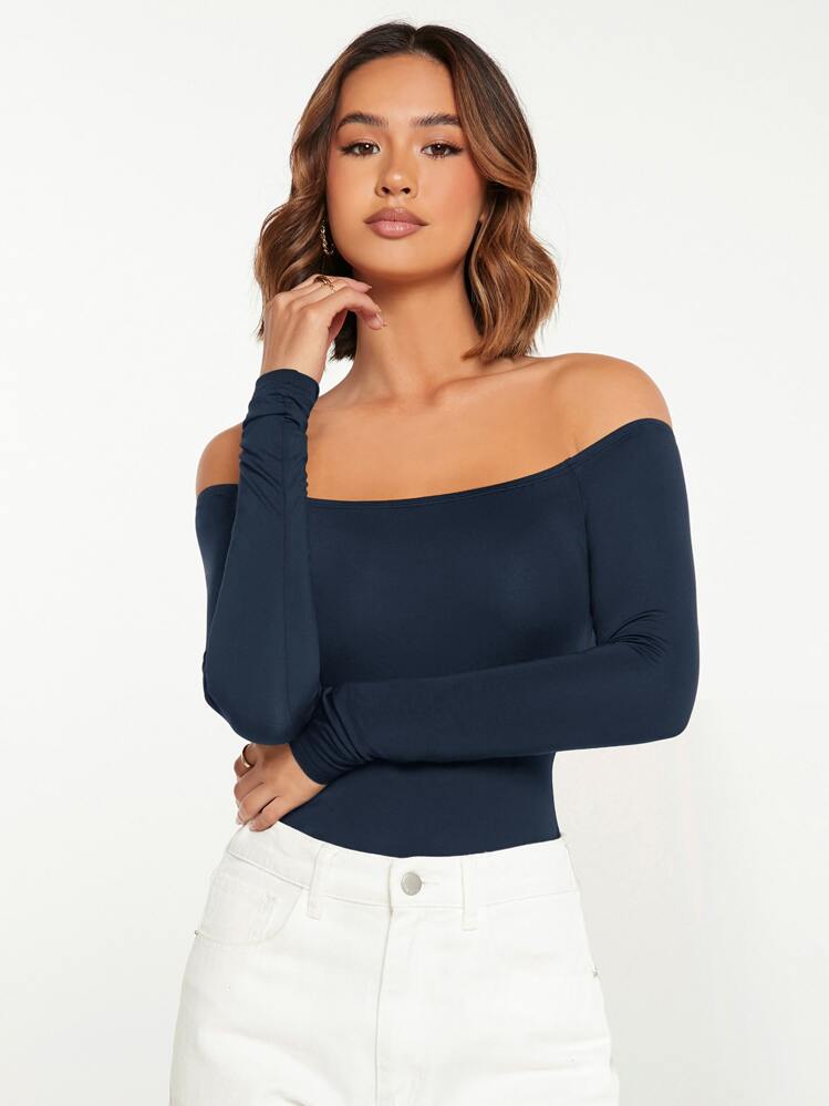 SHEIN BASICS 素色一字肩連身背心 - 藏蓝色 - 查看 3