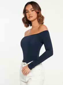 SHEIN BASICS 素色一字肩連身背心 - 藏蓝色 - 查看 4