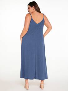 SHEIN BASICS 大碼素色吊帶連衣裙 - 藍色 - 查看 2