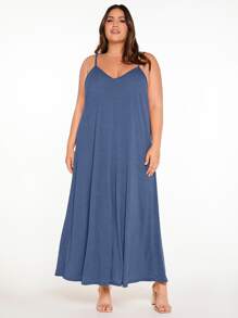 SHEIN BASICS 大碼素色吊帶連衣裙 - 藍色 - 查看 3