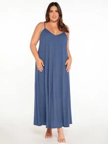 SHEIN BASICS 大碼素色吊帶連衣裙 - 藍色 - 查看 4