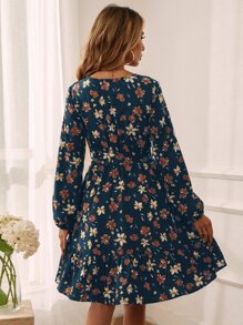 SHEIN LUNE Floral Print Surplice Neck Belted Dress - Navy Blue - View 2