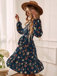 SHEIN LUNE Floral Print Surplice Neck Belted Dress - Navy Blue - View 5